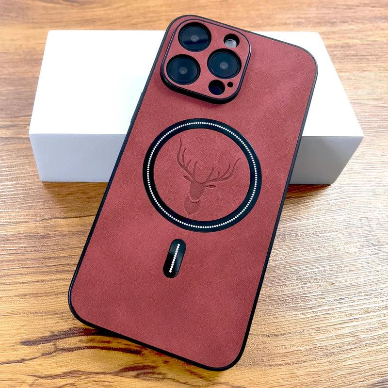 Premium iPhone Case Magnetic Deer Head Leather Cover Wireless Charging Compatible Shockproof Soft Protective Case with Matte Anti Fingerprint Finish