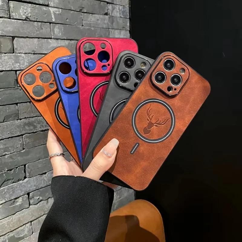 Premium iPhone Case Magnetic Deer Head Leather Cover Wireless Charging Compatible Shockproof Soft Protective Case with Matte Anti Fingerprint Finish