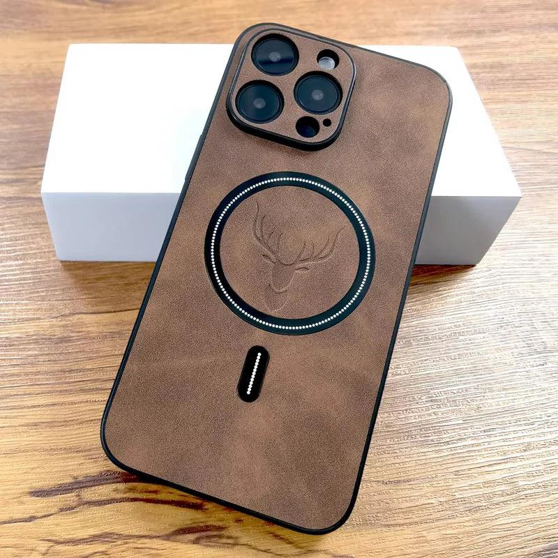 Premium iPhone Case Magnetic Deer Head Leather Cover Wireless Charging Compatible Shockproof Soft Protective Case with Matte Anti Fingerprint Finish