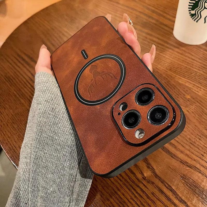 Premium iPhone Case Magnetic Deer Head Leather Cover Wireless Charging Compatible Shockproof Soft Protective Case with Matte Anti Fingerprint Finish