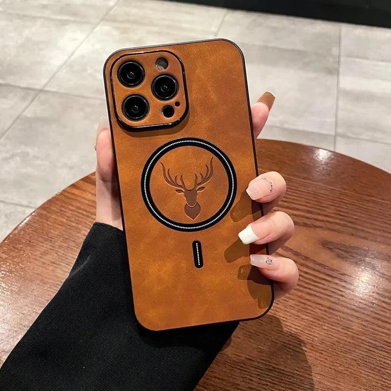Premium iPhone Case Magnetic Deer Head Leather Cover Wireless Charging Compatible Shockproof Soft Protective Case with Matte Anti Fingerprint Finish