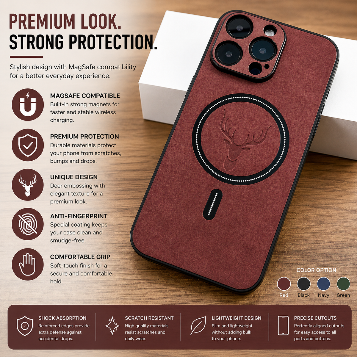 Premium iPhone Case Magnetic Deer Head Leather Cover Wireless Charging Compatible Shockproof Soft Protective Case with Matte Anti Fingerprint Finish