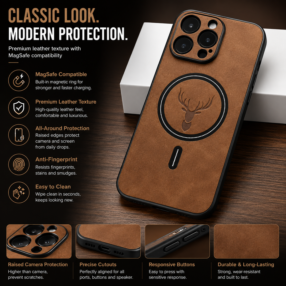 Premium iPhone Case Magnetic Deer Head Leather Cover Wireless Charging Compatible Shockproof Soft Protective Case with Matte Anti Fingerprint Finish