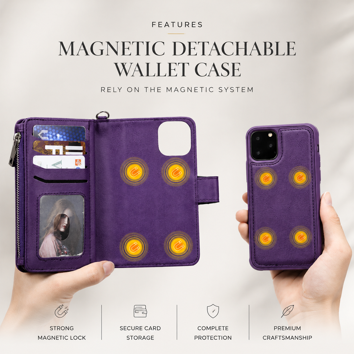 Premium iPhone Case Magnetic Detachable Wallet Flip Cover PU Leather Card Holder Stand Feature Full Protection