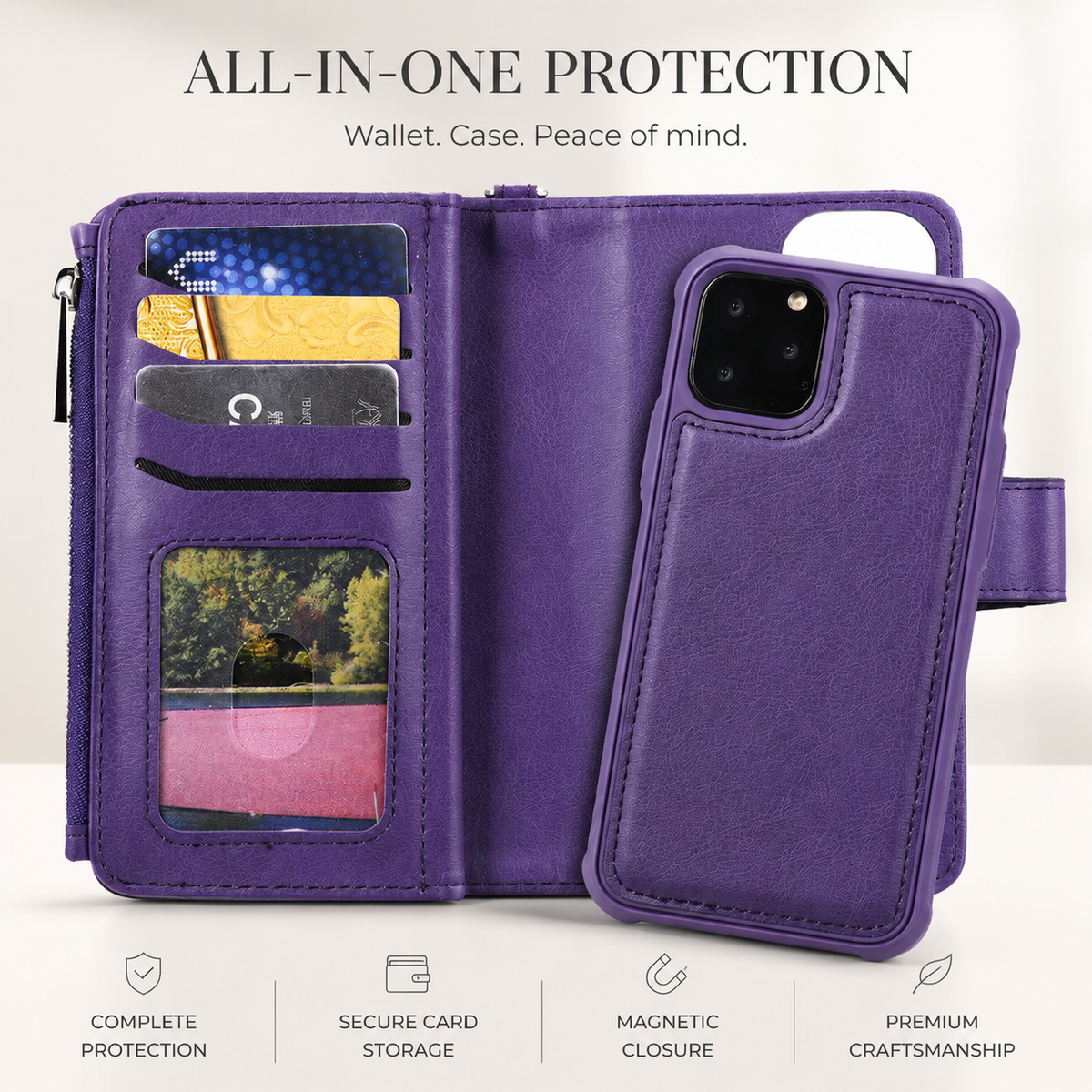 Premium iPhone Case Magnetic Detachable Wallet Flip Cover PU Leather Card Holder Stand Feature Full Protection