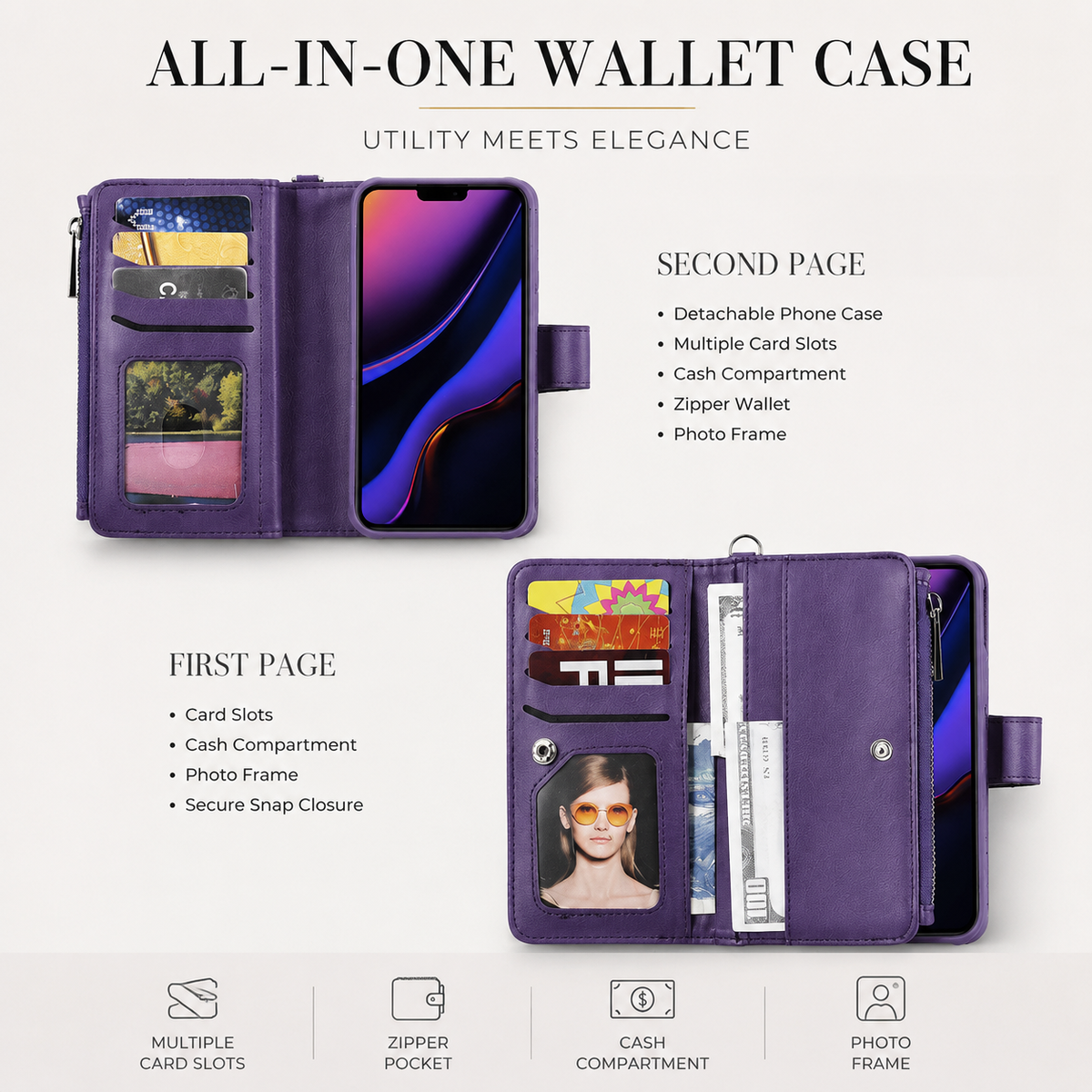 Premium iPhone Case Magnetic Detachable Wallet Flip Cover PU Leather Card Holder Stand Feature Full Protection