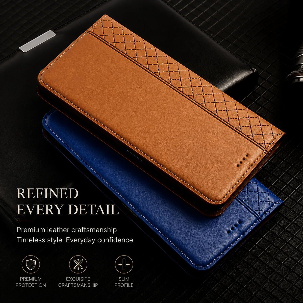 Premium iPhone Case Magnetic Flip Wallet Cover with Grid Pattern Cowhide Leather Kickstand Function Full Protection TPU Bumper Design