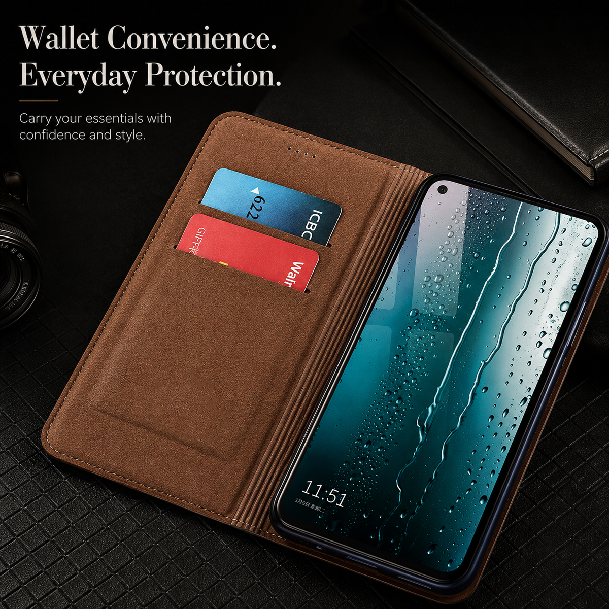 Premium iPhone Case Magnetic Flip Wallet Cover with Grid Pattern Cowhide Leather Kickstand Function Full Protection TPU Bumper Design