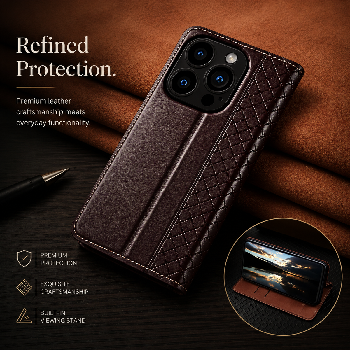 Premium iPhone Case Magnetic Flip Wallet Cover with Grid Pattern Cowhide Leather Kickstand Function Full Protection TPU Bumper Design