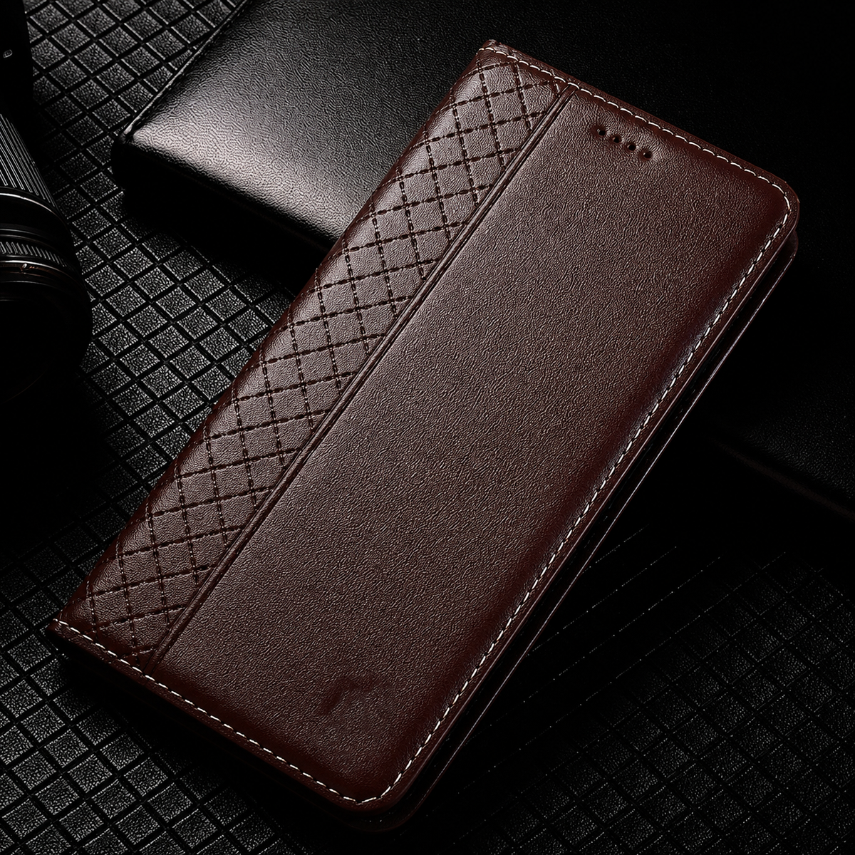Premium iPhone Case Magnetic Flip Wallet Cover with Grid Pattern Cowhide Leather Kickstand Function Full Protection TPU Bumper Design