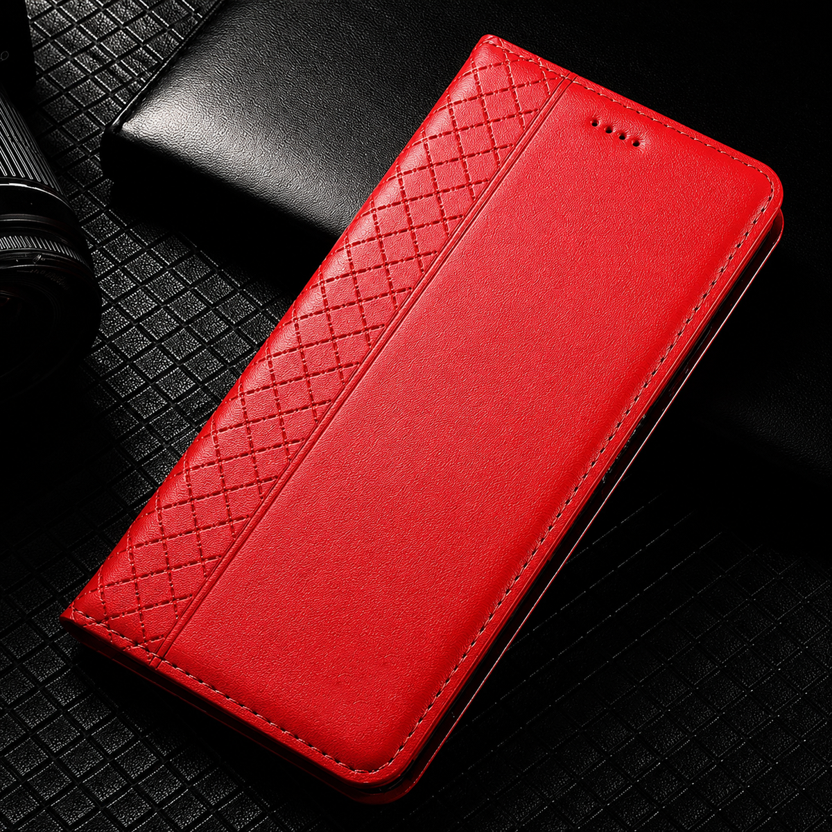 Premium iPhone Case Magnetic Flip Wallet Cover with Grid Pattern Cowhide Leather Kickstand Function Full Protection TPU Bumper Design