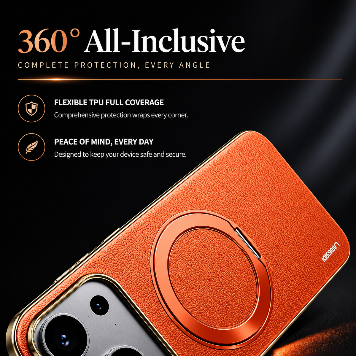 Premium iPhone Case Magnetic Leather Protective Cover Rotating Ring Holder Shockproof Full Lens Protection Slim PC TPU Full Coverage