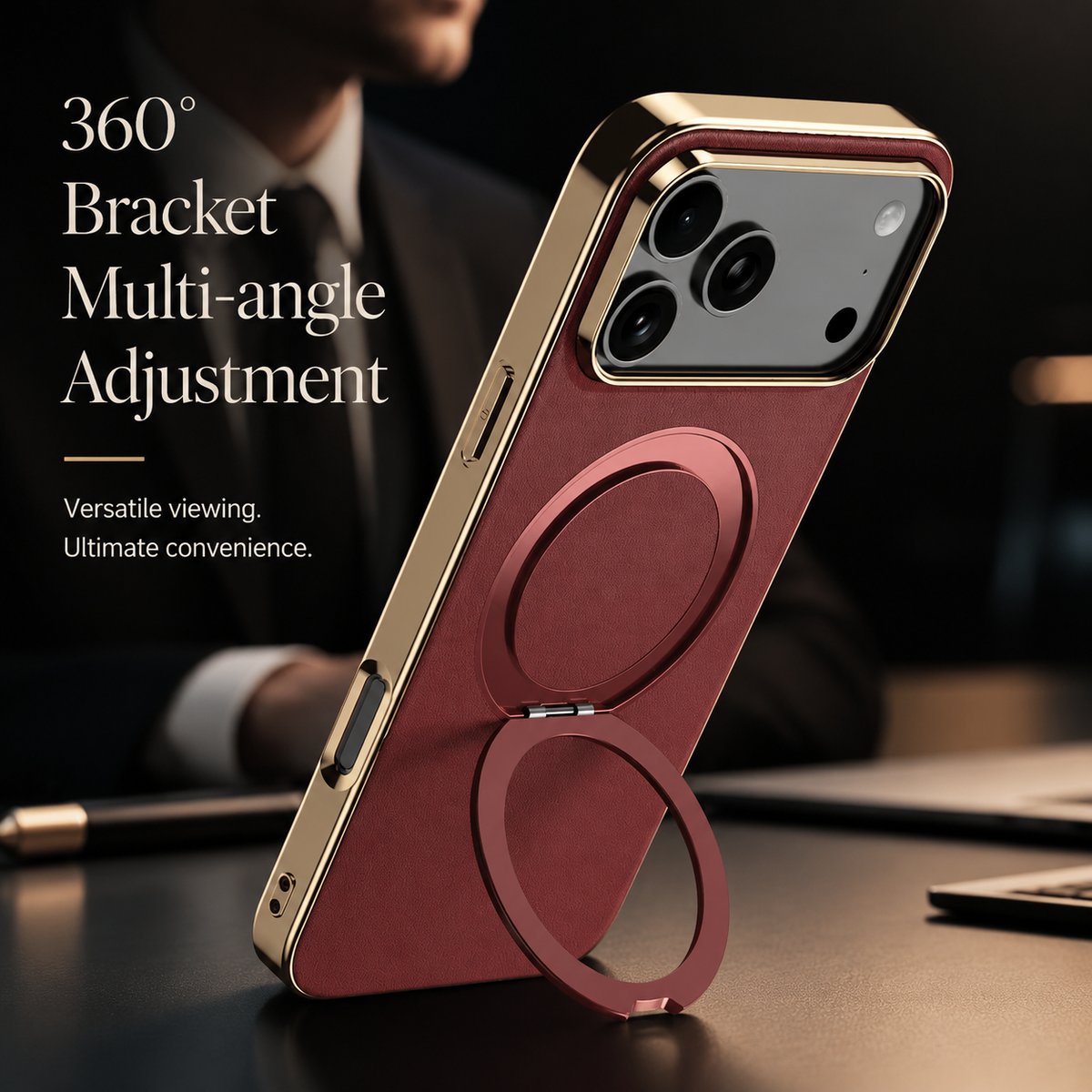 Premium iPhone Case Magnetic Leather Protective Cover Rotating Ring Holder Shockproof Full Lens Protection Slim PC TPU Full Coverage