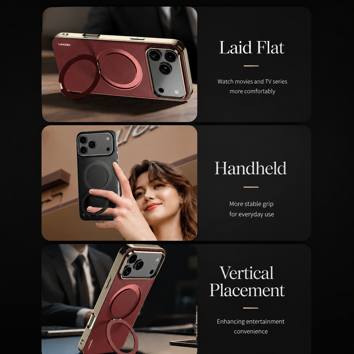Premium iPhone Case Magnetic Leather Protective Cover Rotating Ring Holder Shockproof Full Lens Protection Slim PC TPU Full Coverage