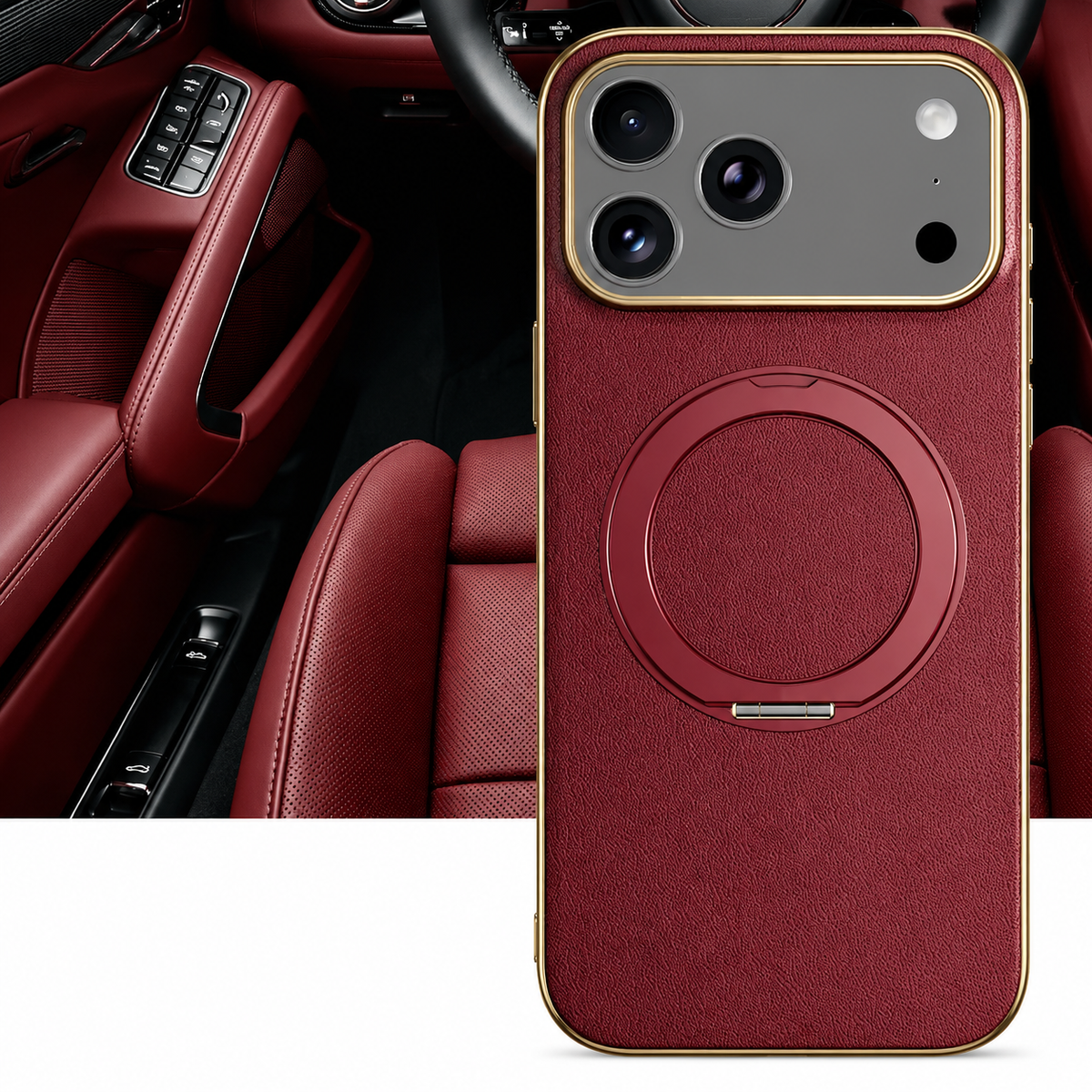Premium iPhone Case Magnetic Leather Protective Cover Rotating Ring Holder Shockproof Full Lens Protection Slim PC TPU Full Coverage