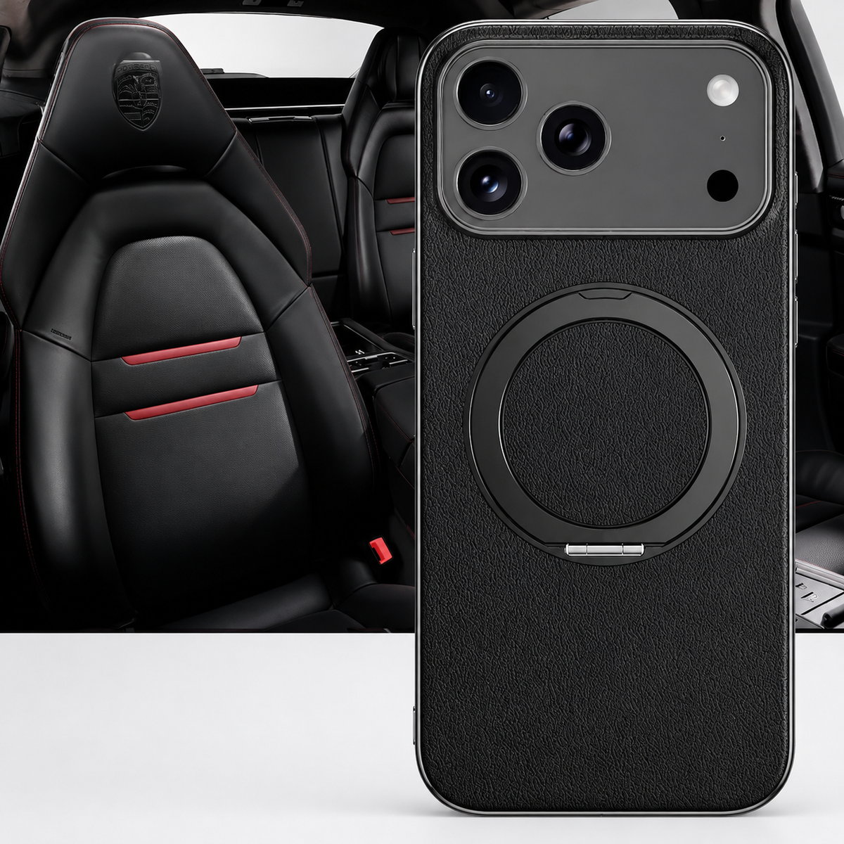 Premium iPhone Case Magnetic Leather Protective Cover Rotating Ring Holder Shockproof Full Lens Protection Slim PC TPU Full Coverage