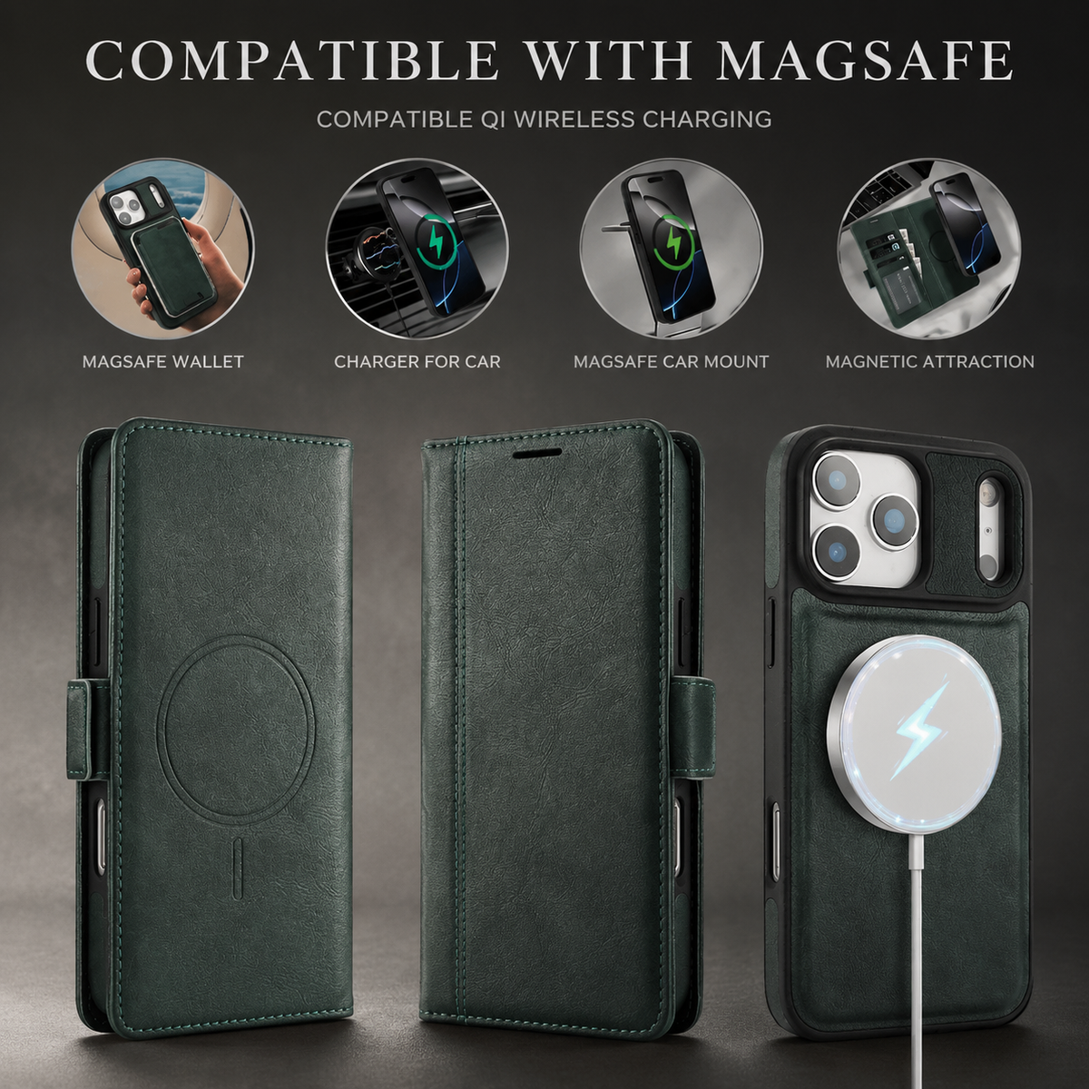Premium iPhone Case Magnetic Leather Wallet Cover Flip Card Holder MagSafe Dual Layer Shockproof Matte Protection