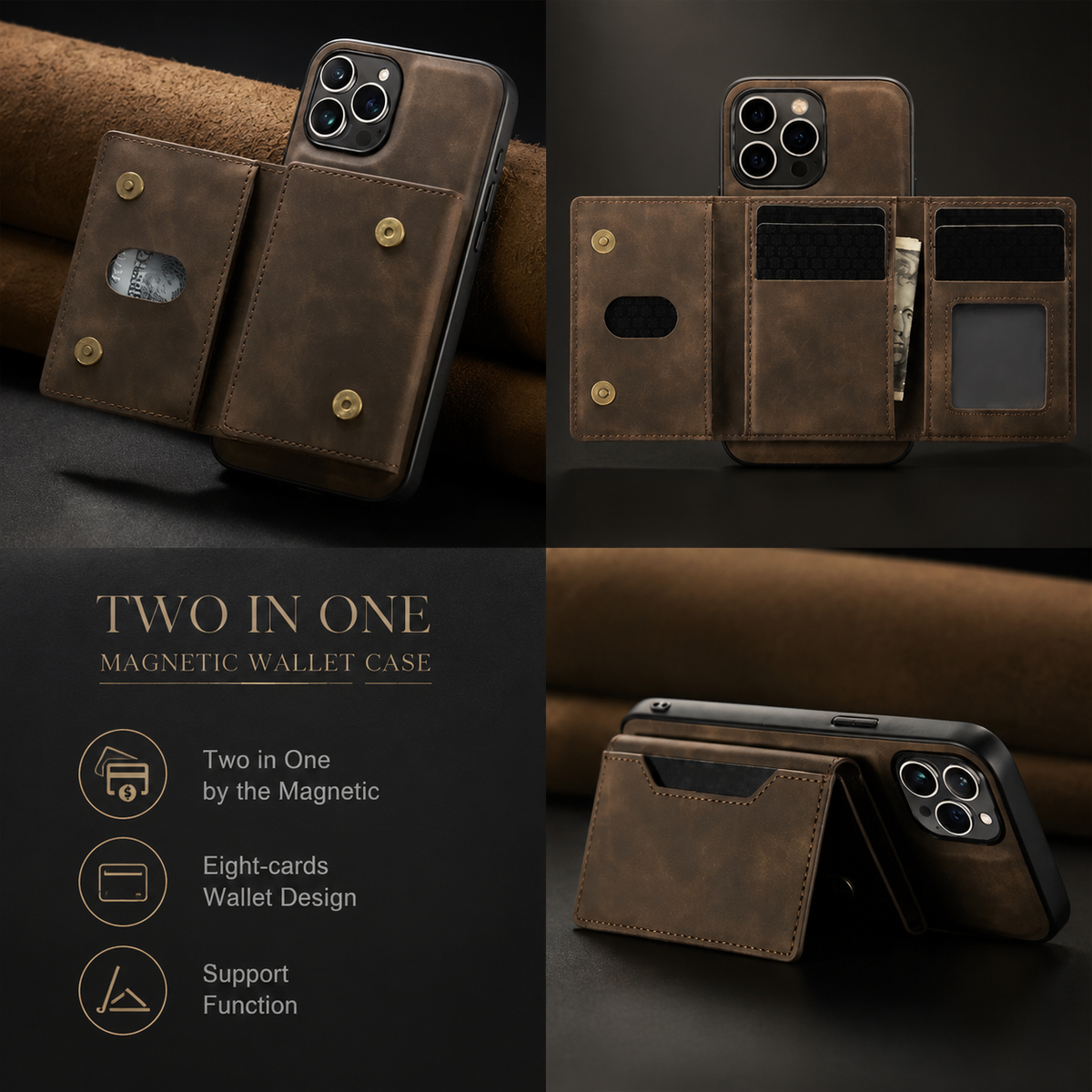 Premium iPhone Case Magnetic Leather Wallet Cover Kickstand Card Holder Money Storage Shockproof Protective Design