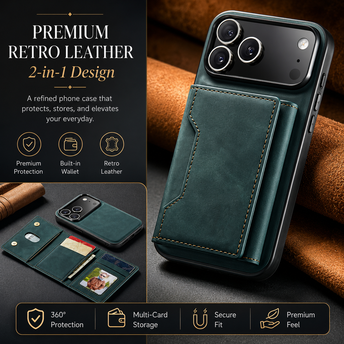 Premium iPhone Case Magnetic Leather Wallet Cover Kickstand Card Holder Money Storage Shockproof Protective Design