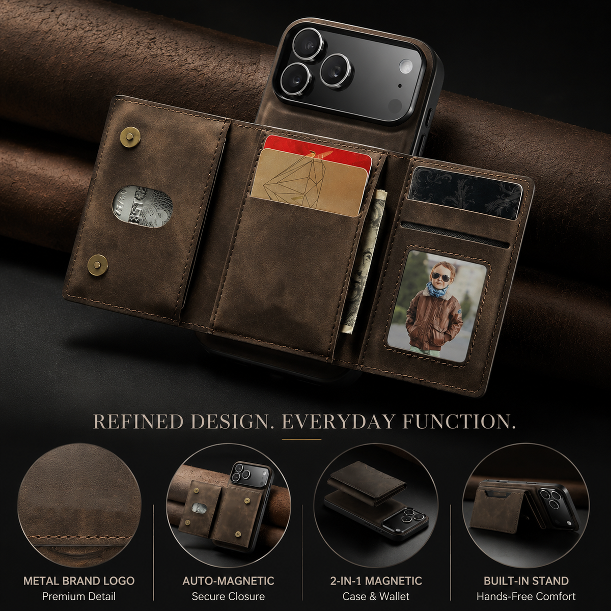 Premium iPhone Case Magnetic Leather Wallet Cover Kickstand Card Holder Money Storage Shockproof Protective Design