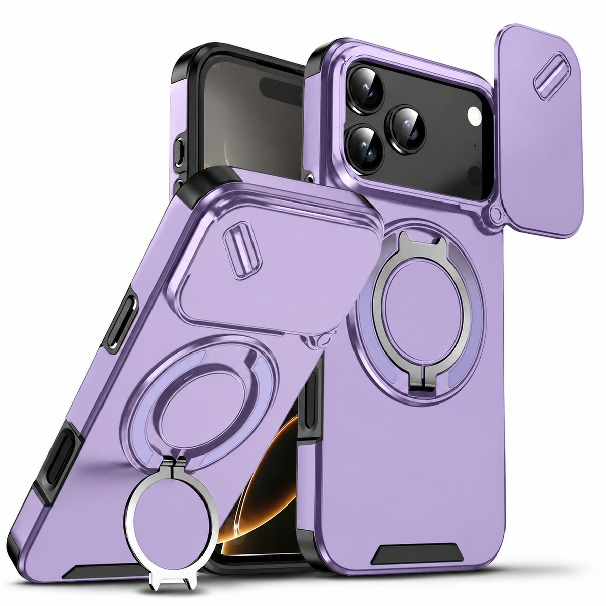 Premium iPhone Case Military Armor Magnetic Ring Stand Shockproof Protective Cover Full Lens Protection Dual Layer Full Coverage