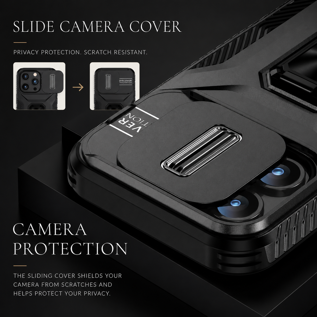 Premium iPhone Case Military Grade Shockproof Anti Slip Cover with Slide Camera Lens Protection Rotary Stand Heavy Duty Protective Design