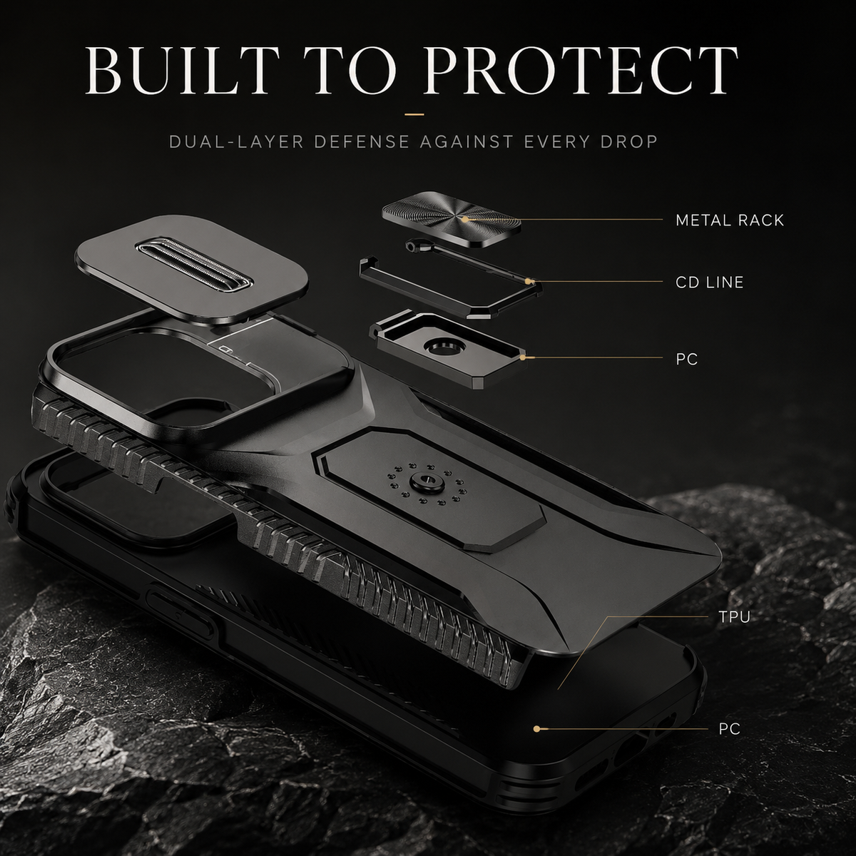 Premium iPhone Case Military Grade Shockproof Anti Slip Cover with Slide Camera Lens Protection Rotary Stand Heavy Duty Protective Design