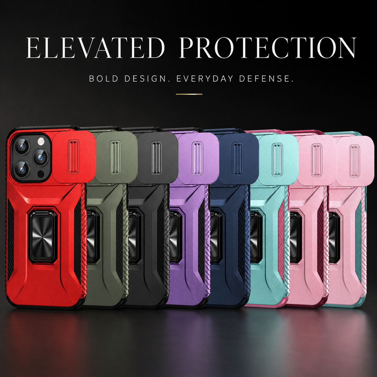 Premium iPhone Case Military Grade Shockproof Anti Slip Cover with Slide Camera Lens Protection Rotary Stand Heavy Duty Protective Design