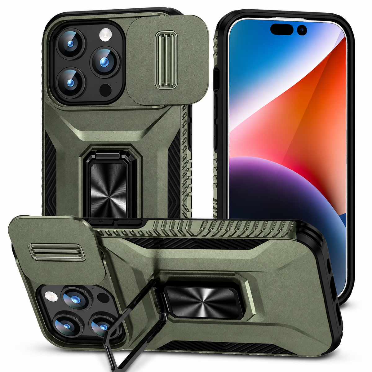 Premium iPhone Case Military Grade Shockproof Anti Slip Cover with Slide Camera Lens Protection Rotary Stand Heavy Duty Protective Design