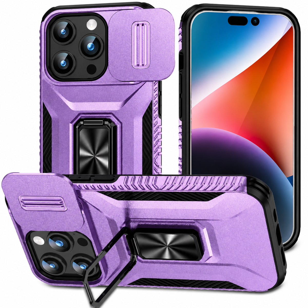 Premium iPhone Case Military Grade Shockproof Anti Slip Cover with Slide Camera Lens Protection Rotary Stand Heavy Duty Protective Design