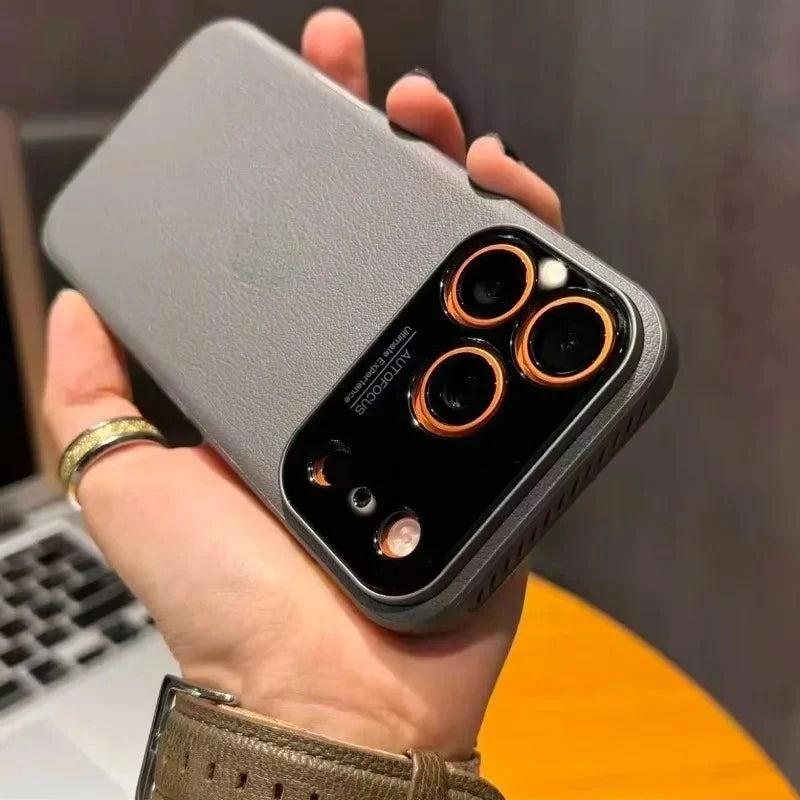 Premium iPhone Case Plain Leather Magnetic Cover MagSafe Compatible Anti Fingerprint Anti Scratch Slim Half Wrapped Protective Case with Heat Dissipation Side Vents