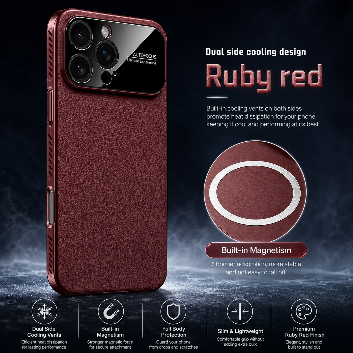 Premium iPhone Case Plain Leather Magnetic Cover MagSafe Compatible Anti Fingerprint Anti Scratch Slim Half Wrapped Protective Case with Heat Dissipation Side Vents