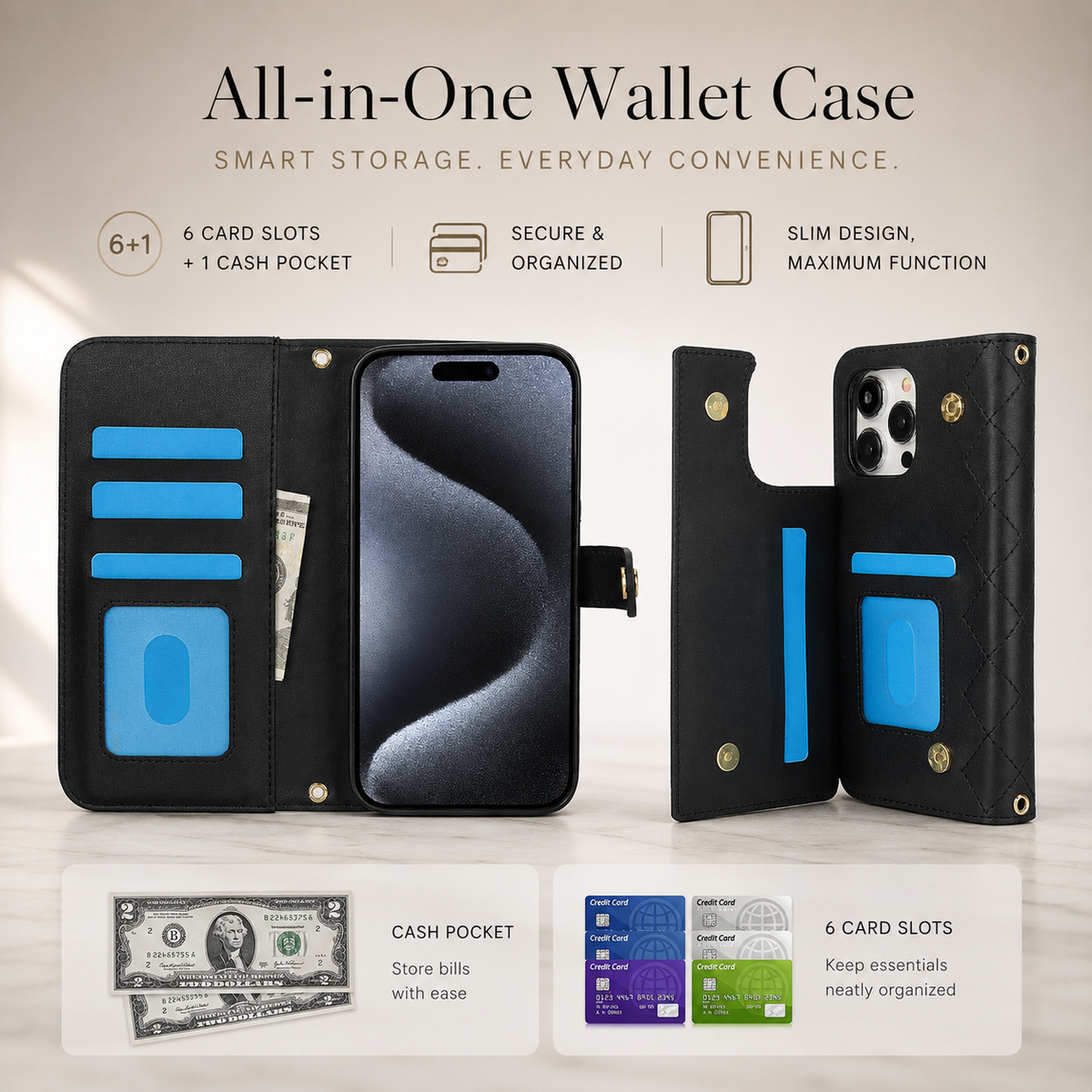 Premium iPhone Case RFID Blocking Wallet Crossbody Flip Cover PU Leather Card Holder Shockproof Full Protection