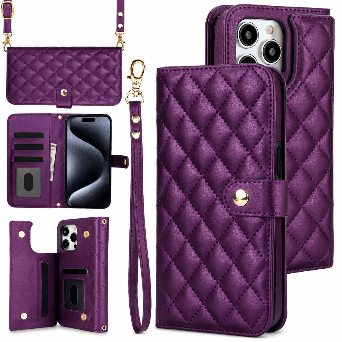 Premium iPhone Case RFID Blocking Wallet Crossbody Flip Cover PU Leather Card Holder Shockproof Full Protection