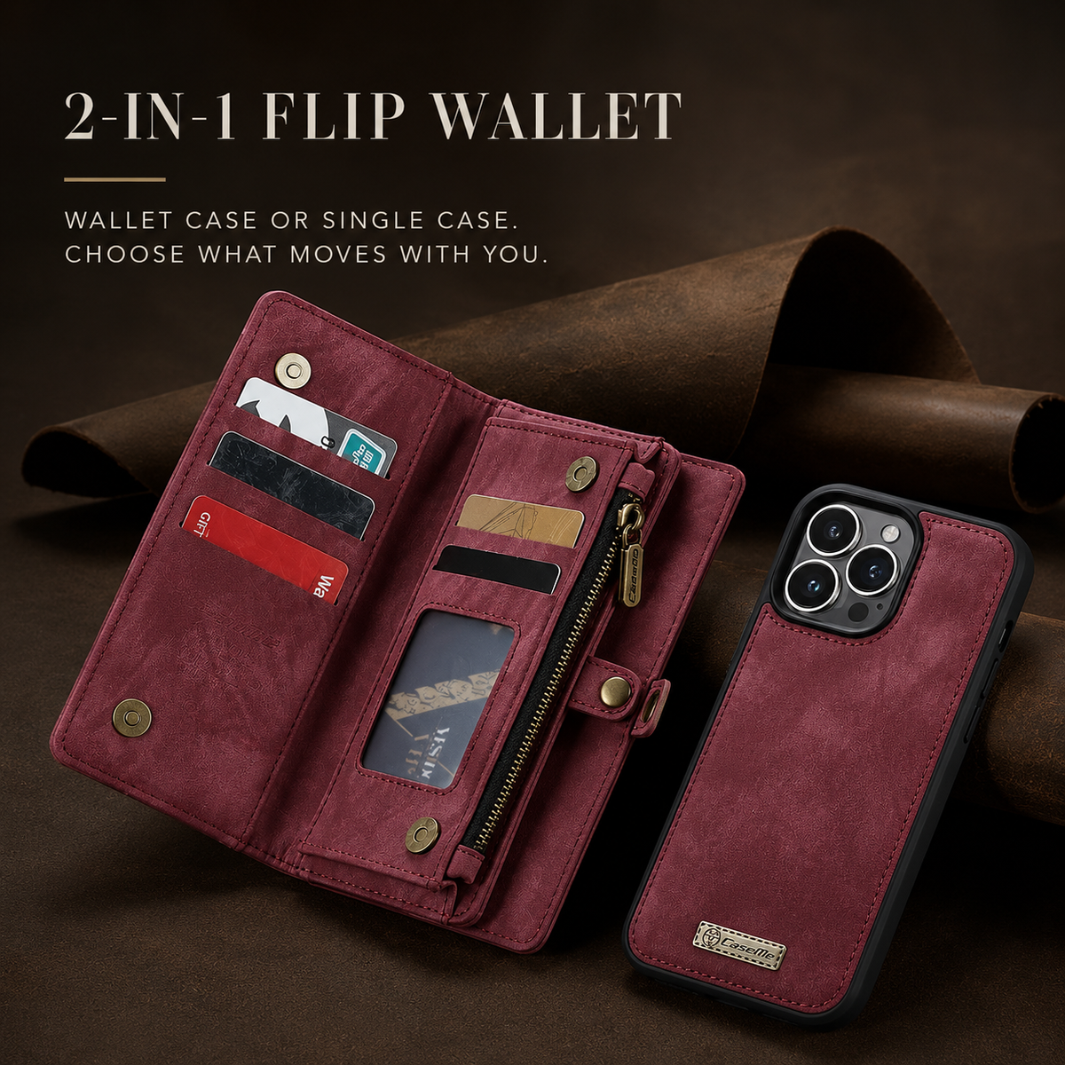 Premium iPhone Case Removable Magnetic Wallet Cover Metal Zipper 8 Slot Card Purse Leather Protection