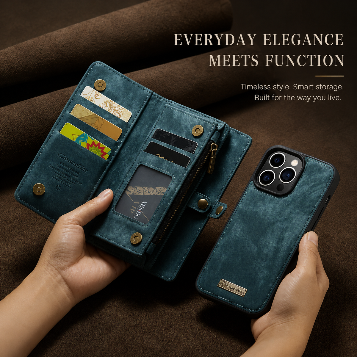Premium iPhone Case Removable Magnetic Wallet Cover Metal Zipper 8 Slot Card Purse Leather Protection