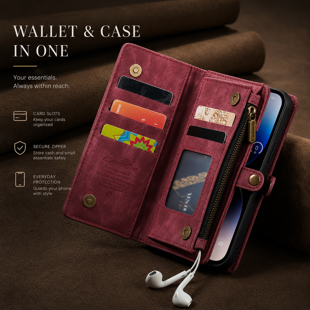 Premium iPhone Case Removable Magnetic Wallet Cover Metal Zipper 8 Slot Card Purse Leather Protection