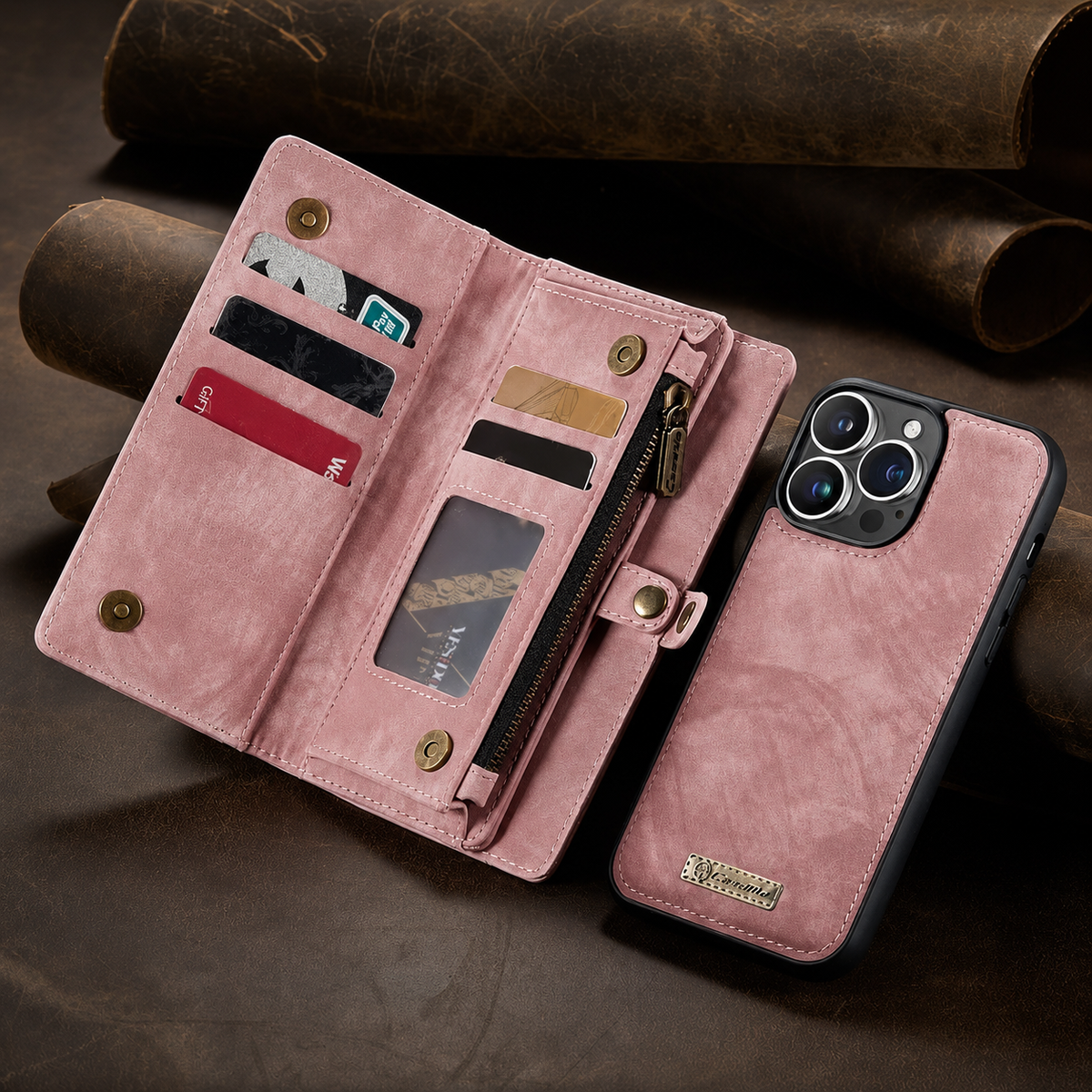 Premium iPhone Case Removable Magnetic Wallet Cover Metal Zipper 8 Slot Card Purse Leather Protection