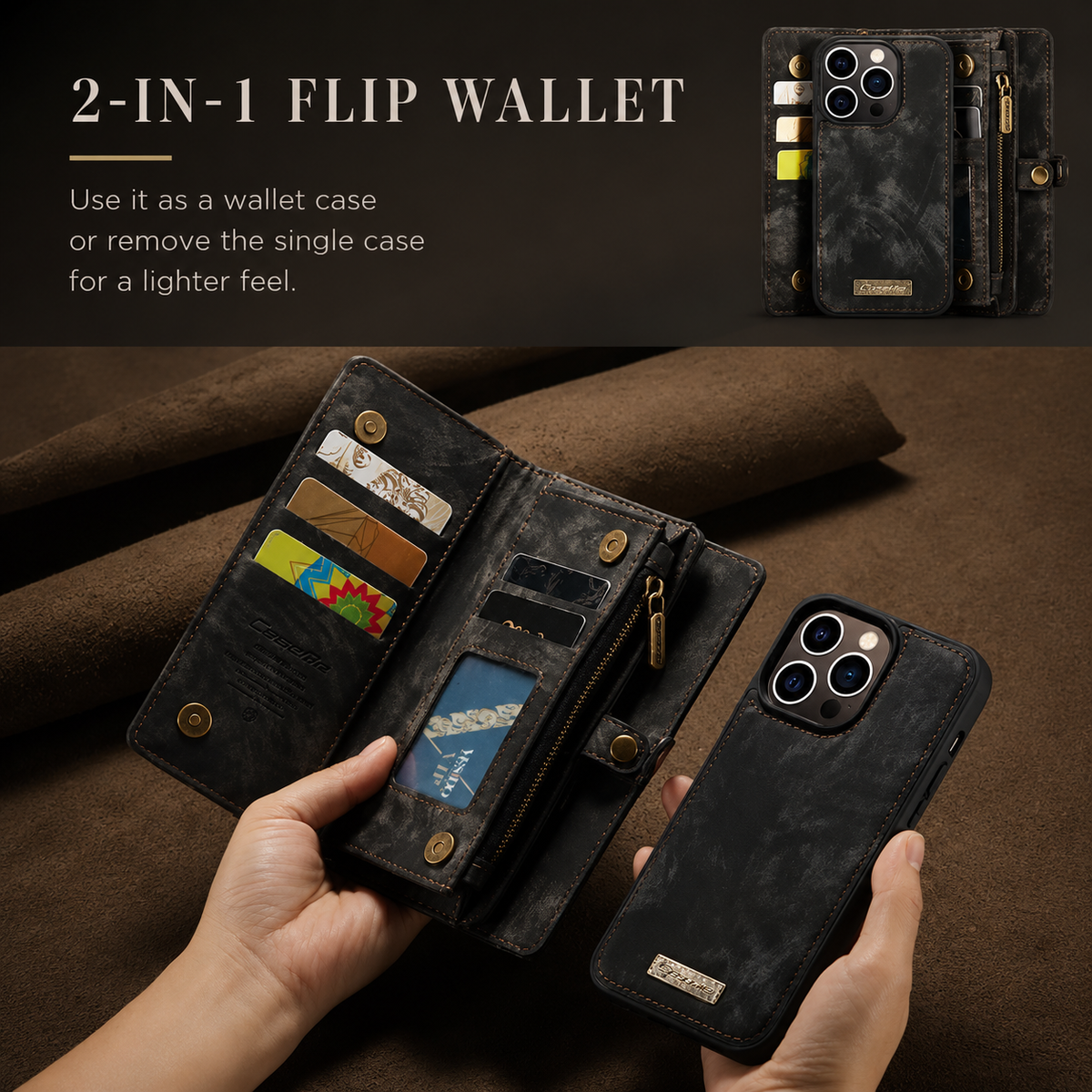 Premium iPhone Case Removable Magnetic Wallet Cover Metal Zipper 8 Slot Card Purse Leather Protection