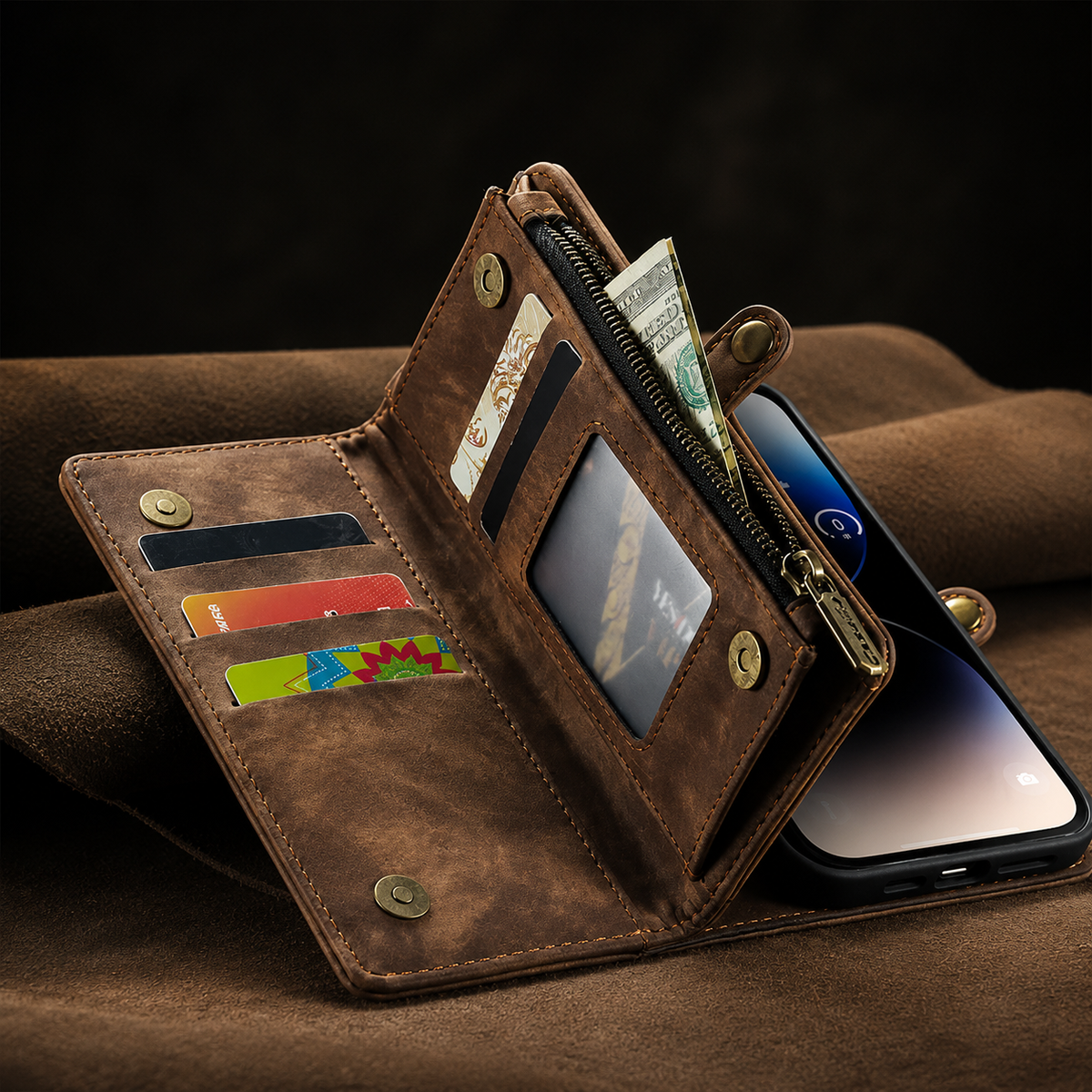 Premium iPhone Case Removable Magnetic Wallet Cover Metal Zipper 8 Slot Card Purse Leather Protection