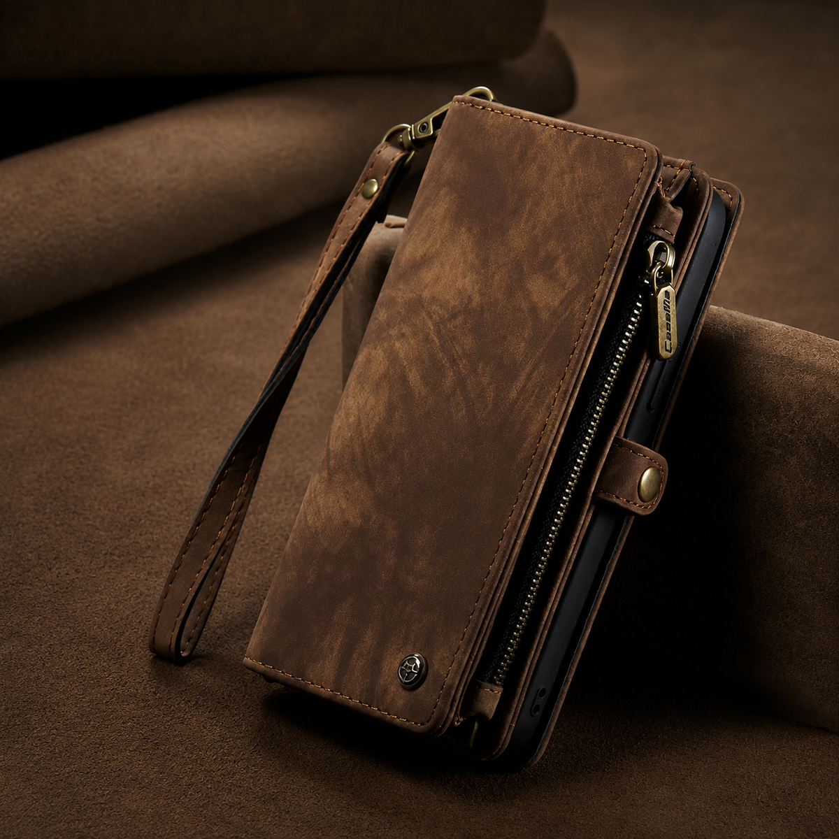 Premium iPhone Case Removable Magnetic Wallet Cover Metal Zipper 8 Slot Card Purse Leather Protection