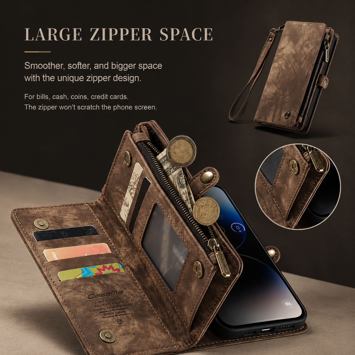 Premium iPhone Case Removable Magnetic Wallet Cover Metal Zipper 8 Slot Card Purse Leather Protection
