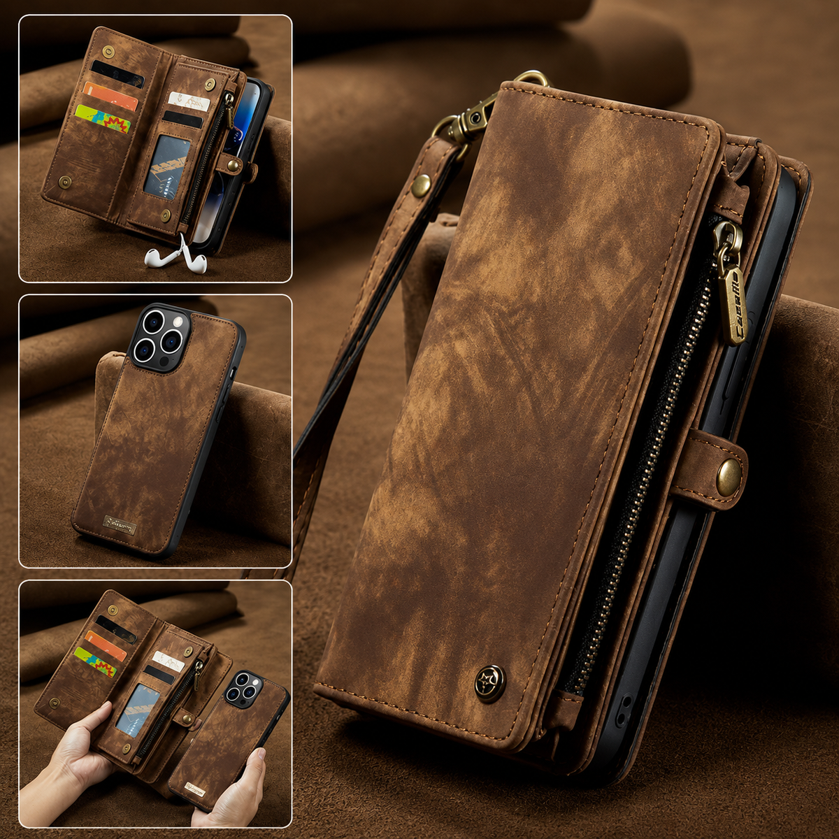 Premium iPhone Case Removable Magnetic Wallet Cover Metal Zipper 8 Slot Card Purse Leather Protection