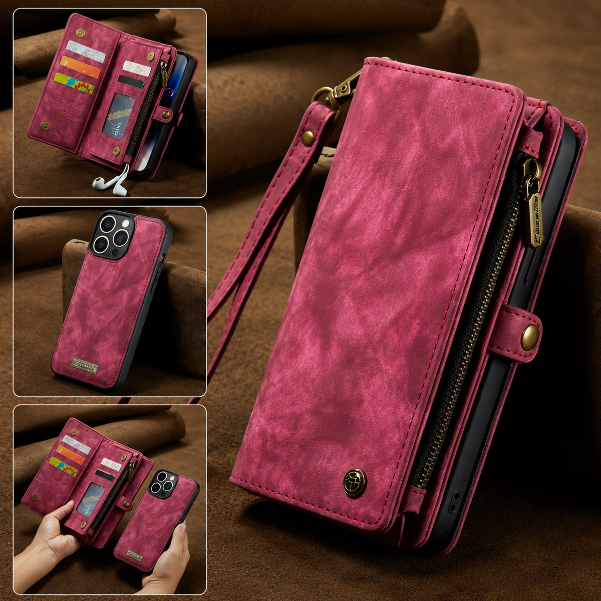 Premium iPhone Case Removable Magnetic Wallet Cover Metal Zipper 8 Slot Card Purse Leather Protection