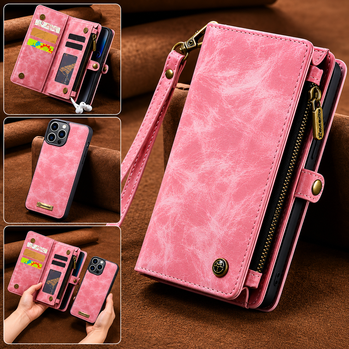 Premium iPhone Case Removable Magnetic Wallet Cover Metal Zipper 8 Slot Card Purse Leather Protection
