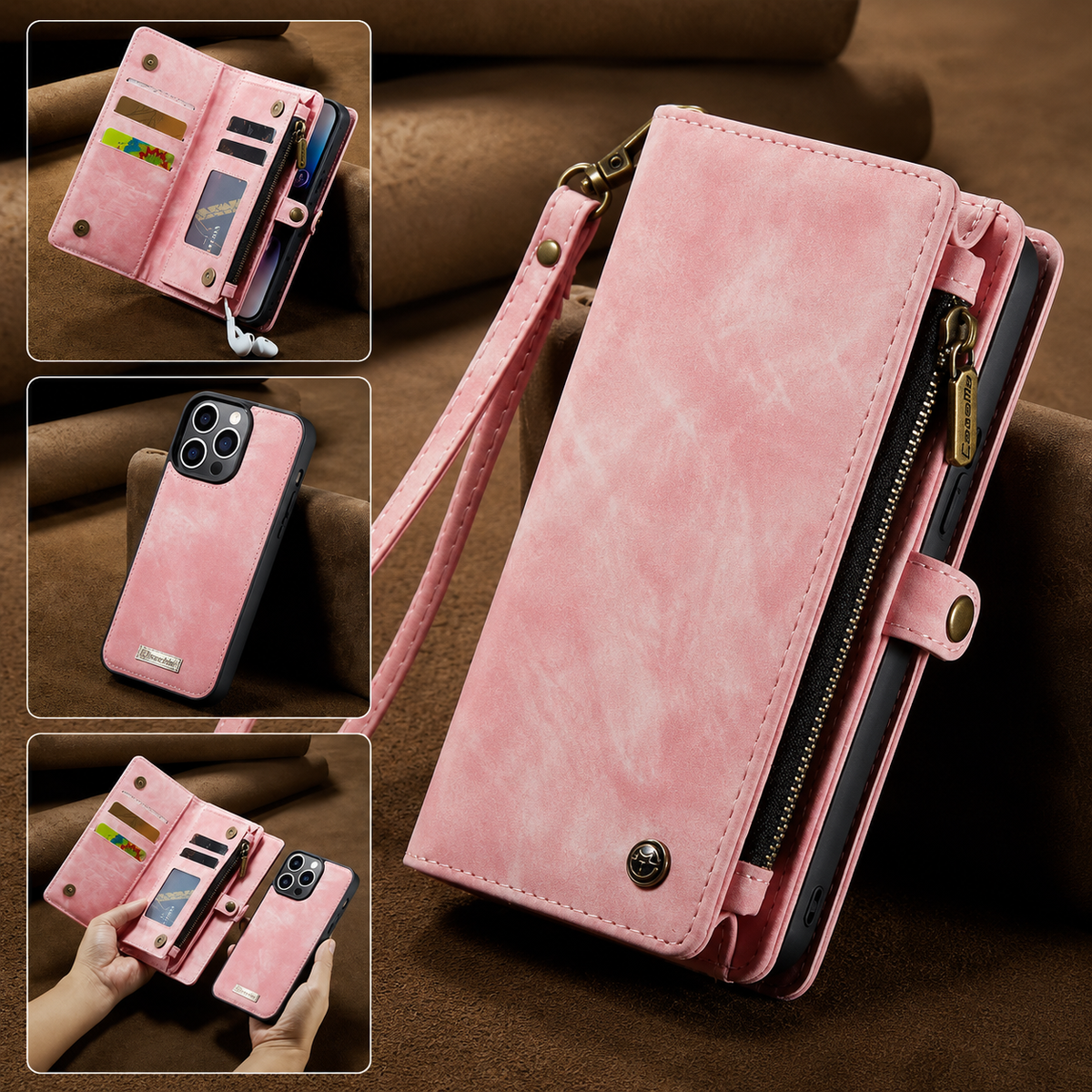 Premium iPhone Case Removable Magnetic Wallet Cover Metal Zipper 8 Slot Card Purse Leather Protection