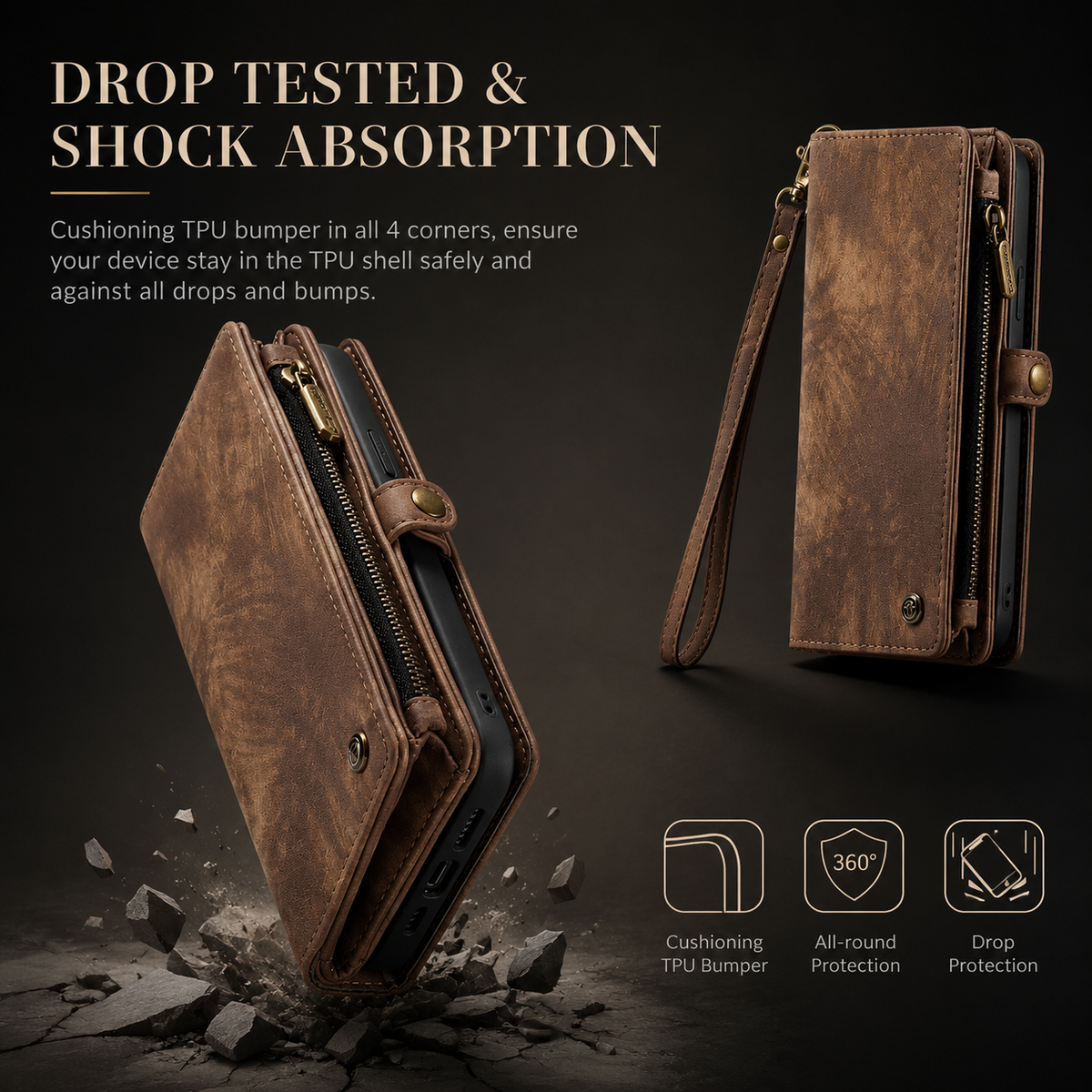 Premium iPhone Case Removable Magnetic Wallet Cover Metal Zipper 8 Slot Card Purse Leather Protection