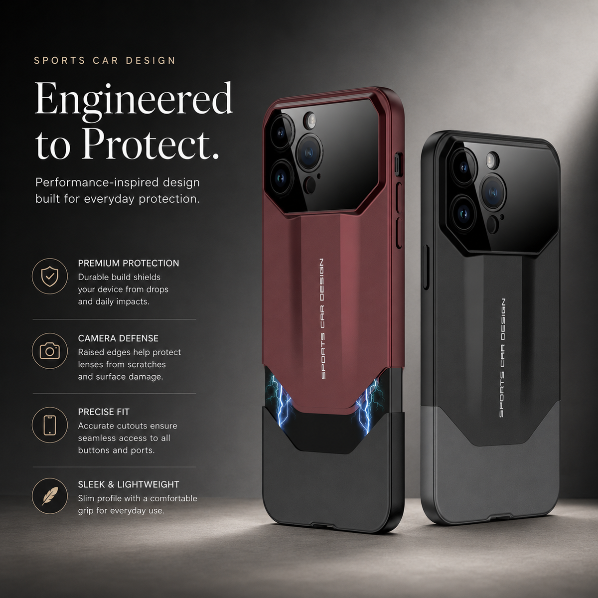 Premium iPhone Case Supercar Design Shockproof Hard PC Cover Camera Protection Luxury Protective Case