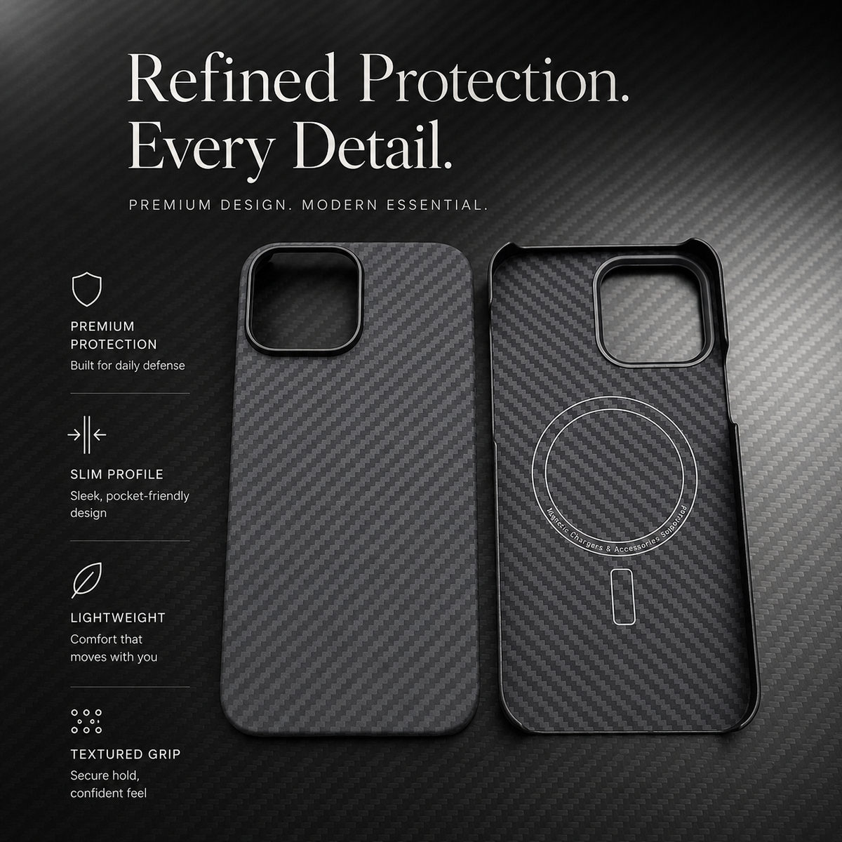 Premium iPhone Case Thin Aramid Fiber MagSafe Cover Ultra Lightweight Carbon Texture Half Wrapped Protective Case