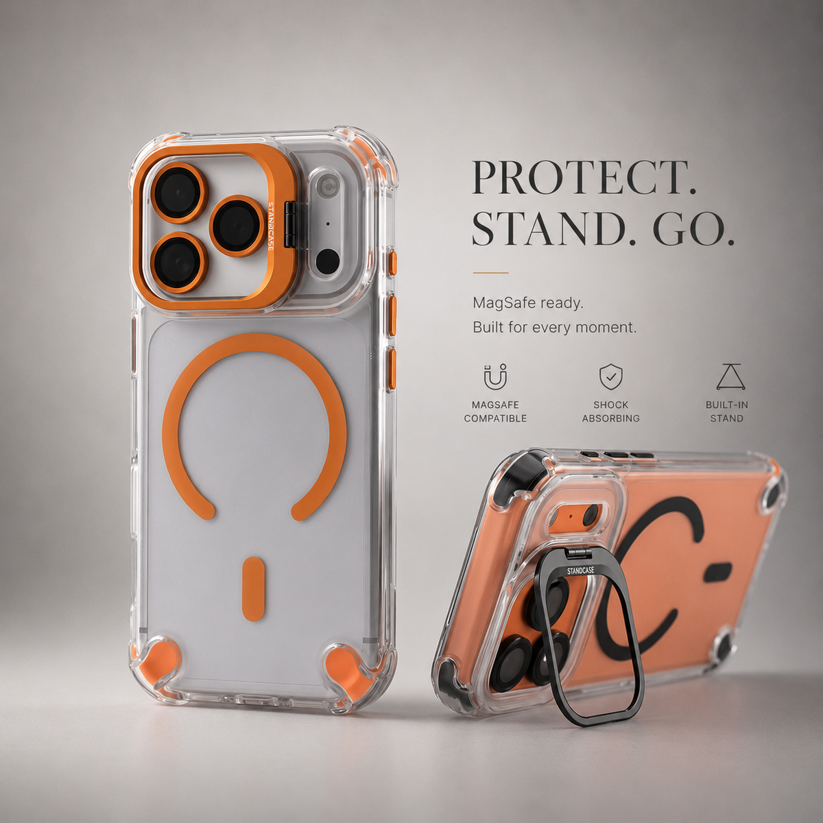 Premium iPhone Case Transparent Magnetic Shockproof Cover Glass Lens Protector Stand Holder Full Coverage Protective Case